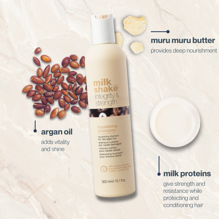 milk_shake integrity & strength shampoo bottle with ingredients on a light background