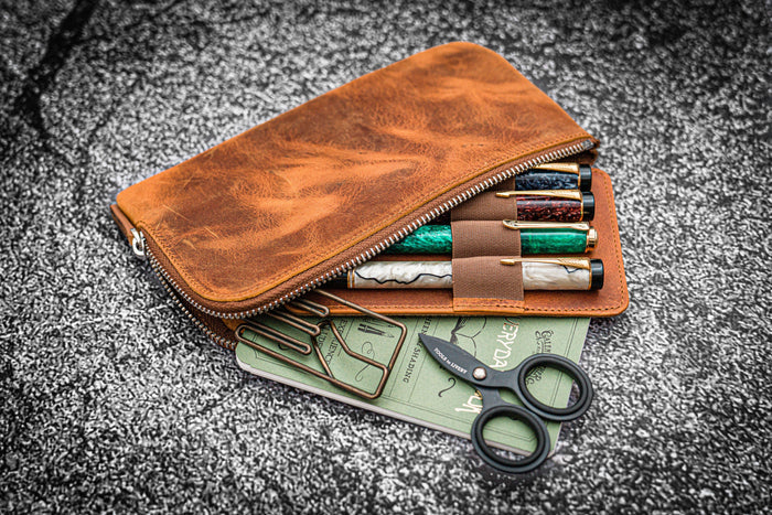 Leather Slip-N-Zip 4 Slots Zippered Pen Pouch - Crazy Horse Brown