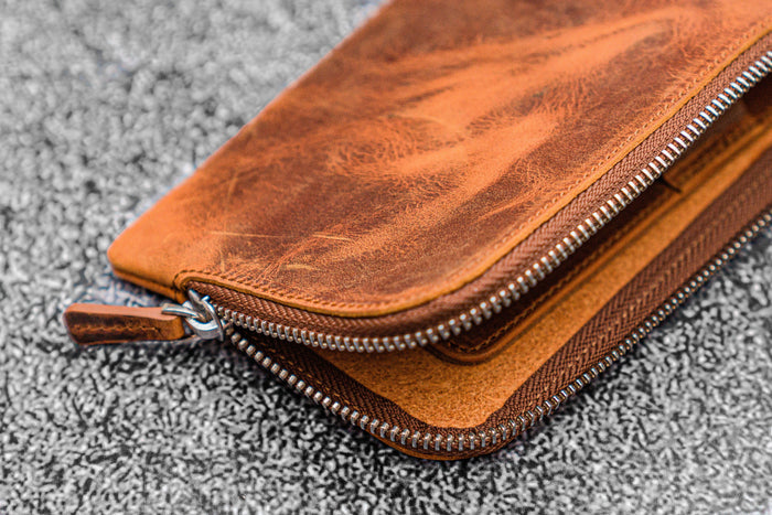 Leather Slip-N-Zip 4 Slots Zippered Pen Pouch - Crazy Horse Brown