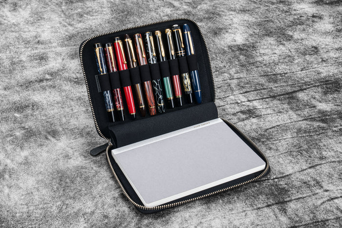 Leather Zippered 10 Slots Pen Case with A5 Notebook Holder - Crazy Horse Black