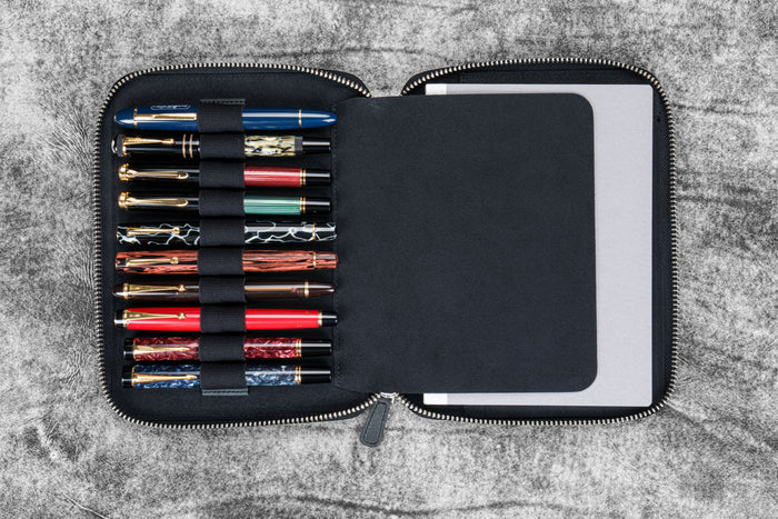 Leather Zippered 10 Slots Pen Case with A5 Notebook Holder - Crazy Horse Black