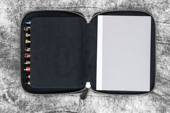 Leather Zippered 10 Slots Pen Case with A5 Notebook Holder - Crazy Horse Black