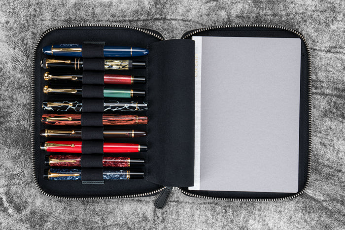 Leather Zippered 10 Slots Pen Case with A5 Notebook Holder - Crazy Horse Black