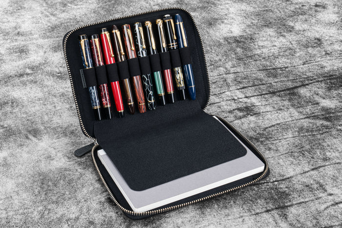 Leather Zippered 10 Slots Pen Case with A5 Notebook Holder - Crazy Horse Black