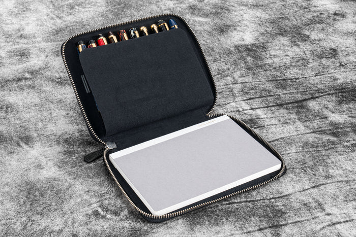 Leather Zippered 10 Slots Pen Case with A5 Notebook Holder - Crazy Horse Black