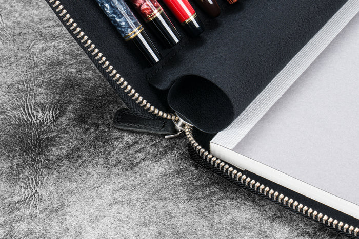Leather Zippered 10 Slots Pen Case with A5 Notebook Holder - Crazy Horse Black