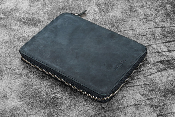 Leather Zippered 10 Slots Pen Case with A5 Notebook Holder - Crazy Horse Black