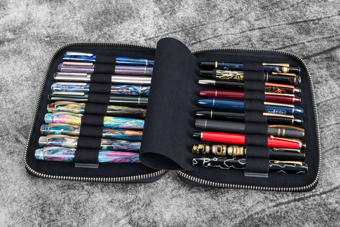 Leather Zippered 20 Slots Pen Case - Crazy Horse Black