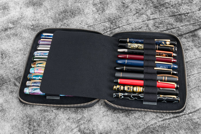 Leather Zippered 20 Slots Pen Case - Crazy Horse Black