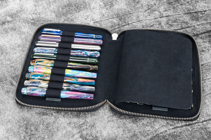 Leather Zippered 20 Slots Pen Case - Crazy Horse Black
