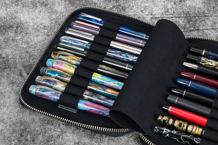 Leather Zippered 20 Slots Pen Case - Crazy Horse Black