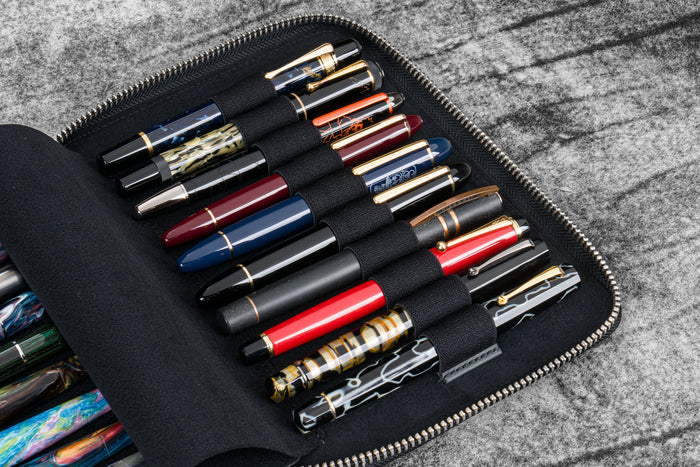 Leather Zippered 20 Slots Pen Case - Crazy Horse Black