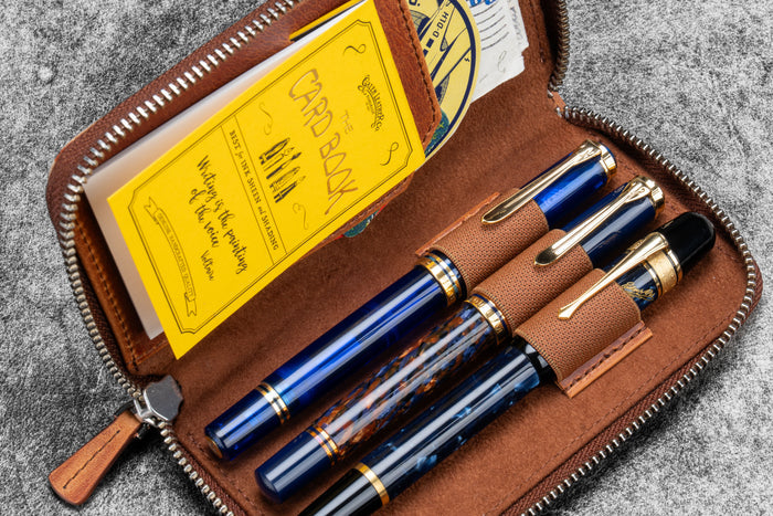 Leather Zippered 3 Slots Pen Case - C.H. Tan