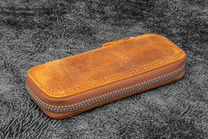 Leather Zippered Double Pen Case for Kaweco - Pocket Pen - Crazy Horse Brown