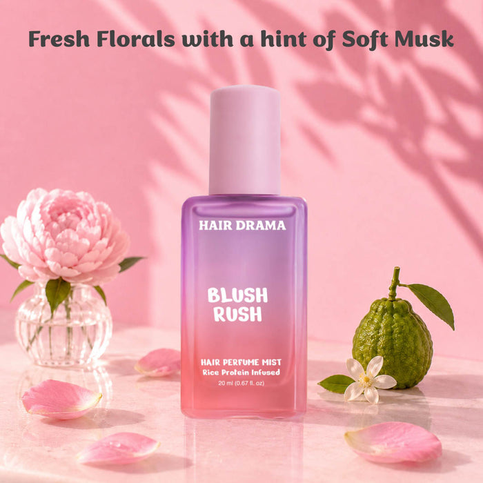 Soft floral hair perfume mist with rose, peony, orange blossom, and warm musk - lightweight feel