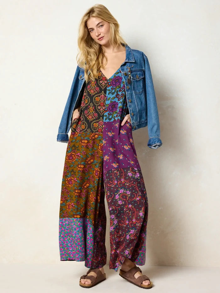 Let's Just Go Wide-Leg Jumpsuit - Woodcut Floral Blue-view 4