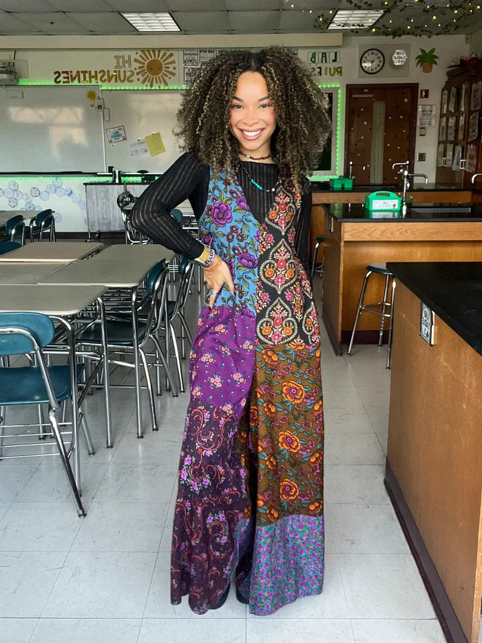 Let's Just Go Wide-Leg Jumpsuit - Woodcut Floral Blue-view 5