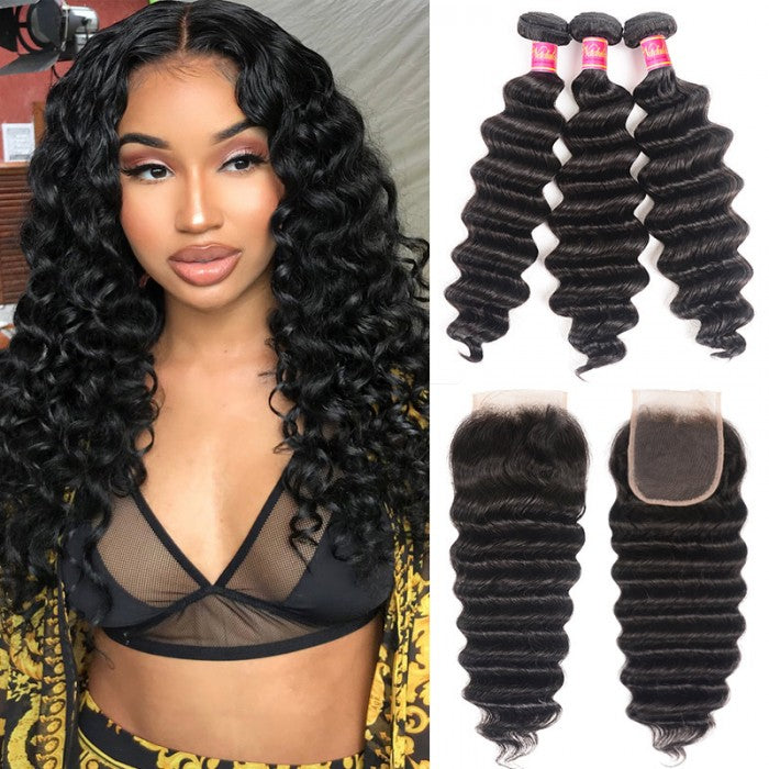 natural black loose deep wave human hair 3 bundles with remy hair weave with 4x4 lace closure