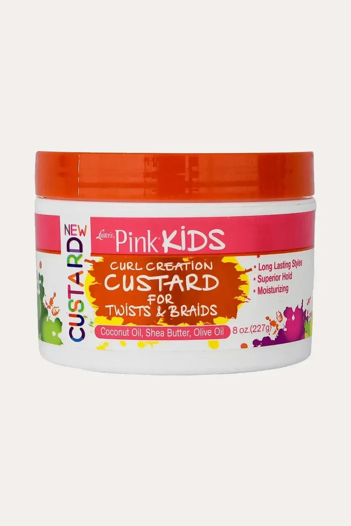 Luster's Pink Kids Curl Creation Custard (8 oz) infused with Coconut Oil and Shea Butter for long-lasting, frizz-free twists and braids.
