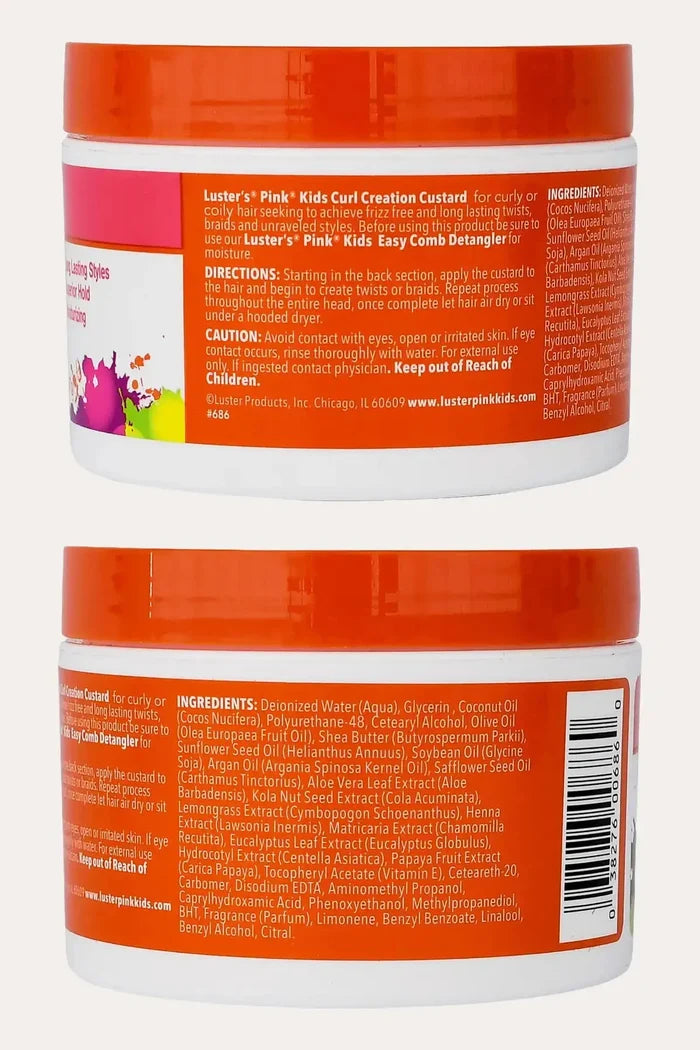 Front and back view of the Pink Kids styling custard, a perfect Twist Out Cream that provides Gentle Styling and superior hold for curly hair.