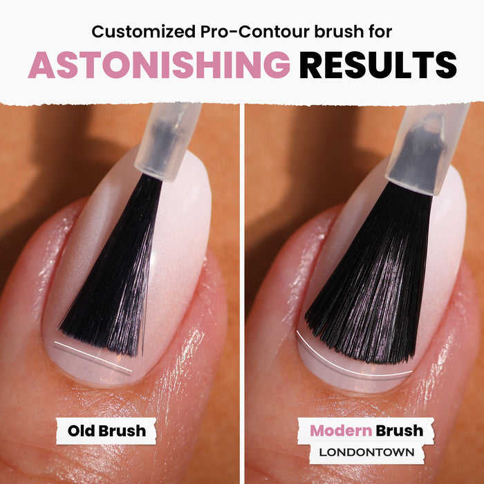 Two close-up images compare nail brushes. The left displays an "Old Brush" with uneven bristles; the right presents LONDONTOWN's Magnolia Haze, showcasing petal pink bristles. Text: "Customized Pro-Contour brush for ASTONISHING RESULTS.”.