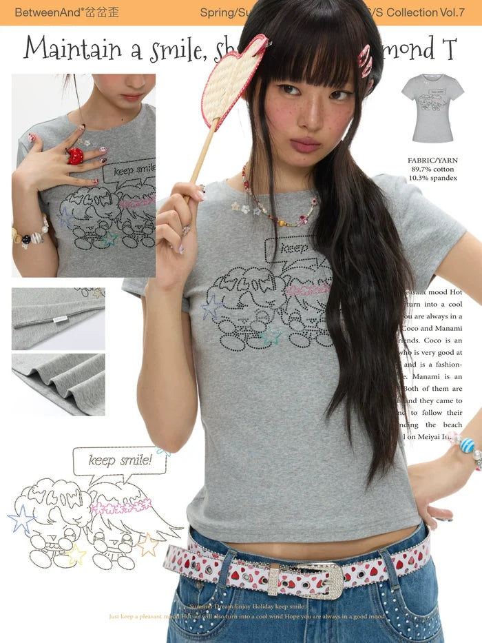 Maintain a smile shoulder hot diamond t-shirt