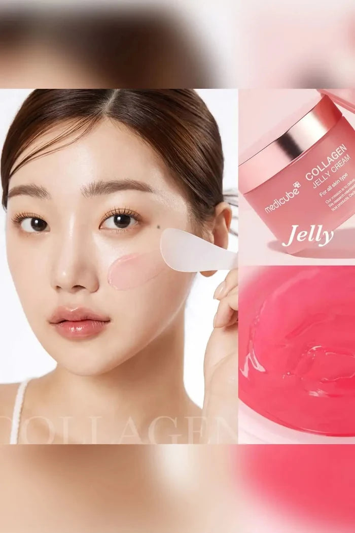 Close-up of the unique pink jelly texture being applied to the face for a dewy finish.