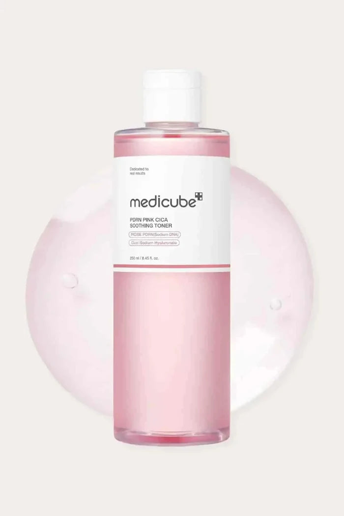 Medicube PDRN Pink Cica Soothing Toner bottle, a simple soothing facial toner that calms and hydrates the skin.