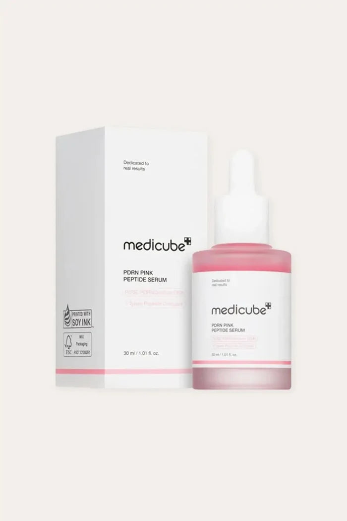 Packaging box and bottle of the Medicube PDRN Pink Peptide Serum, dedicated to real results.