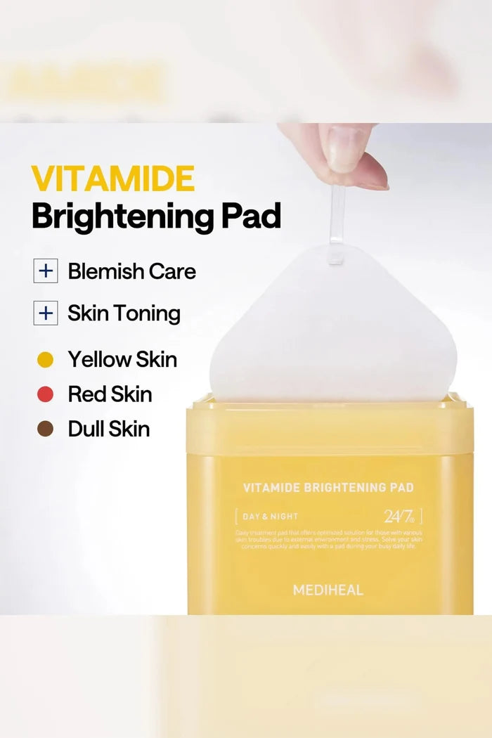 Infographic for Mediheal Vitamide Brightening Pad highlighting blemish care and skin toning, the perfect toner pads for yellow, red, or dull skin.