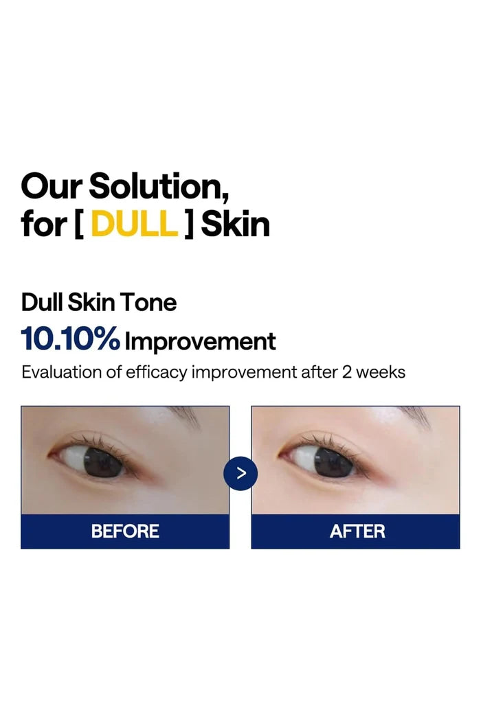 Before and after comparison showing 10.10% improvement in dull skin tone after using these toner pads for two weeks.