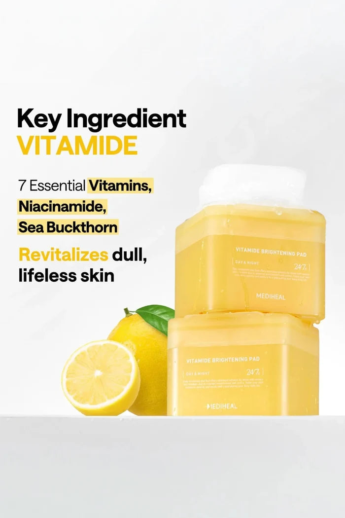Key ingredients of Mediheal Vitamide pads including 7 essential vitamins and Panthenol to revitalize dull and lifeless skin.