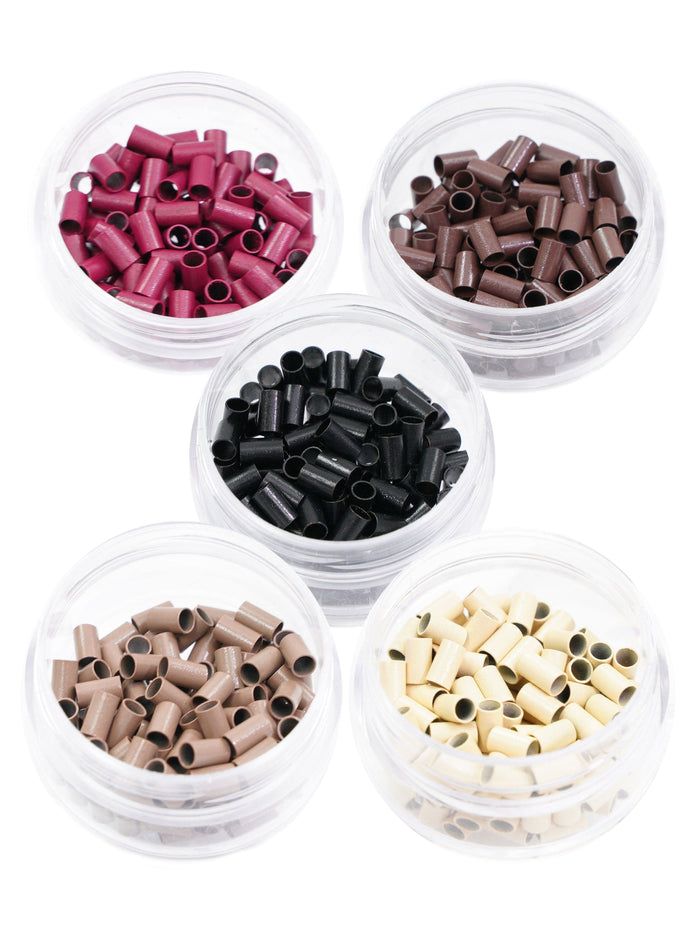 Five small clear containers with cylindrical seed beads in burgundy, black, dark brown, light brown, and beige on a white background.