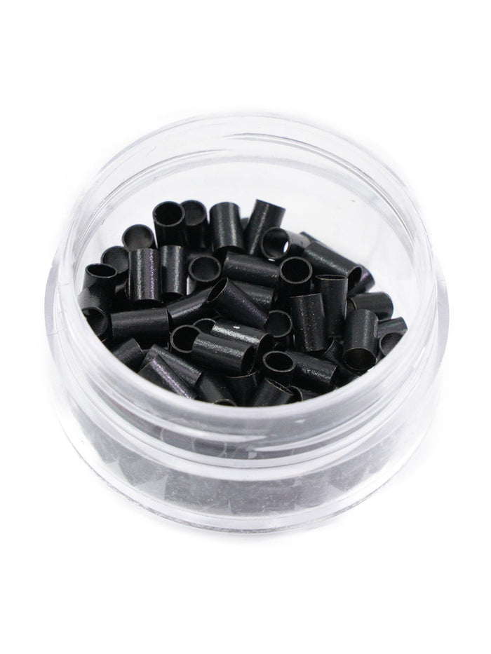 A clear plastic container of Perfect Locks Microlink Copper Beads in golden brown, filled with small cylindrical tubes for Remy hair extensions, viewed from above against a white background.#color_black