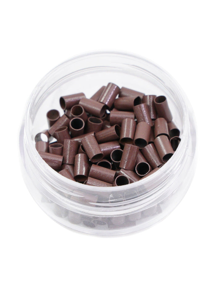 A clear plastic container of Perfect Locks Microlink Copper Beads in Platinum Blonde, for hair extensions, viewed from above on white.#color_dark-brown