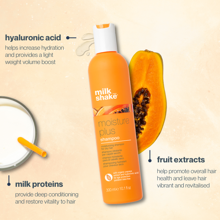 Orange milk_shake moisture plus shampo bottle with a papaya on a beige background