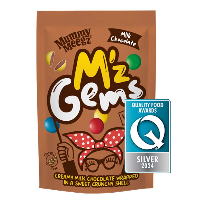 Mummy Meegz M'z Gems chocolate package with Quality Food Awards silver badge on a white background