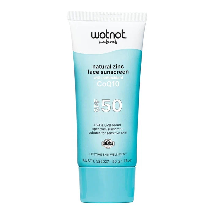 Blue tube of wotnot natural zinc face sunscreen with SPF 50 on a white background