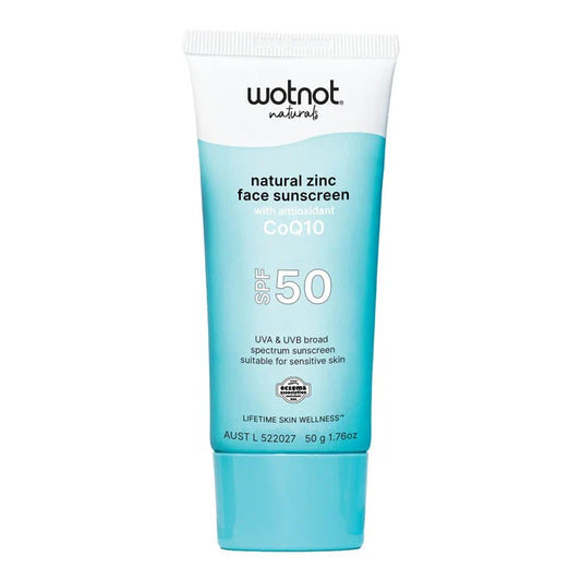 Blue tube of wotnot natural zinc face sunscreen with SPF 50 on a white background
