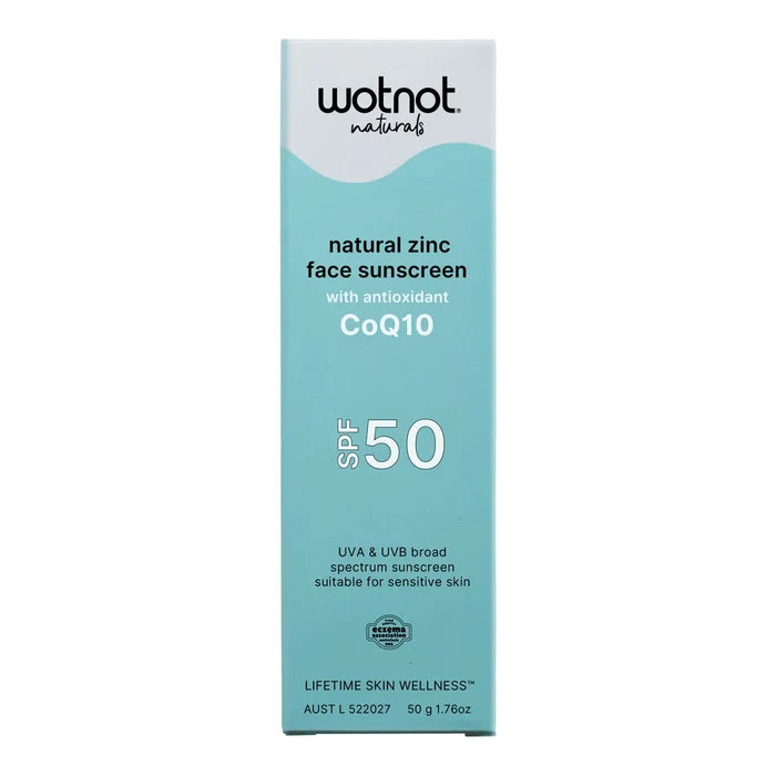 Wotnot naturals natural zinc face sunscreen with CoQ10 SPF 50 on a white background