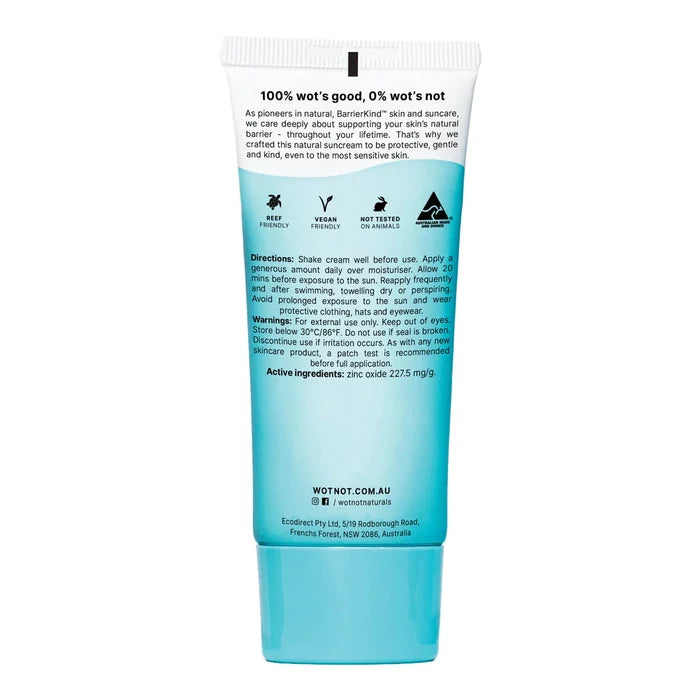 Back of natural zinc face sunscreen tube showing directions, active ingredient (zinc oxide) and warnings.