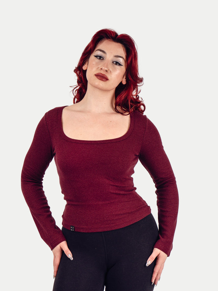 Organic Hemp Bamboo Ribbed Scoop L/S Tee | Maroon-Image 1