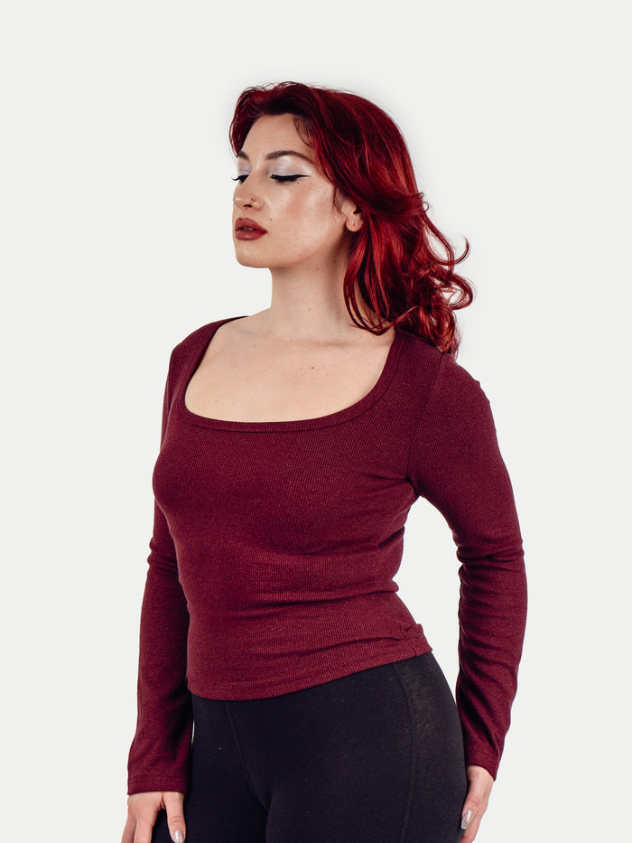 Organic Hemp Bamboo Ribbed Scoop L/S Tee | Maroon-Image 2