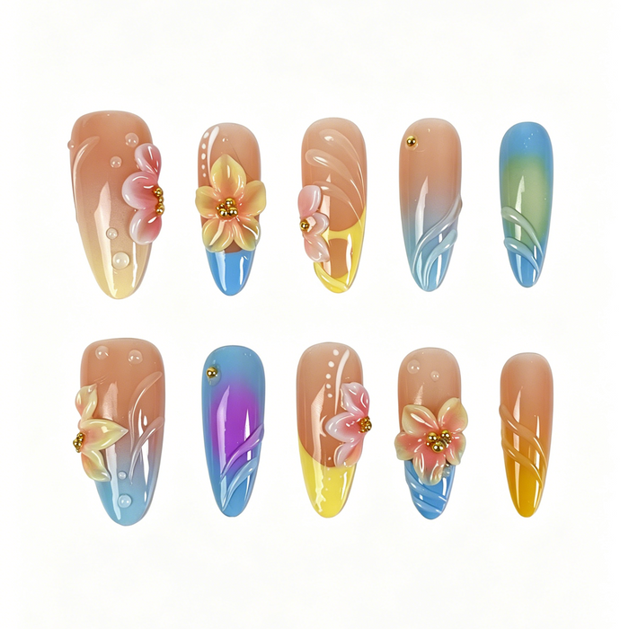 Long Almond Press On Nails, Rainbow Gradient 3D Floral Gold Bead Fake Nail Set