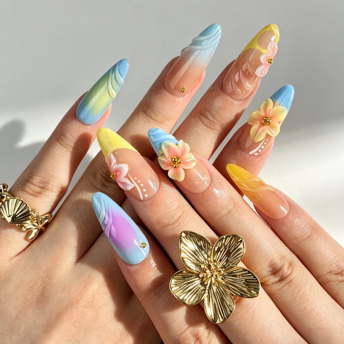 Pastel Gradient Floral Press On Nails, Nude Colorful Flower Nails on Hand
