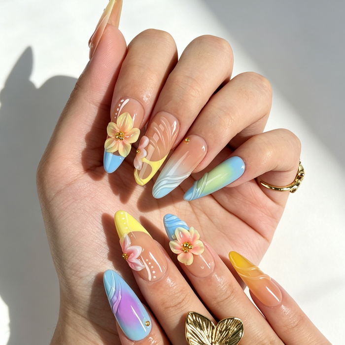 Close Up Nail Art, 3D Colorful Flower Gold Bead Gradient Decor