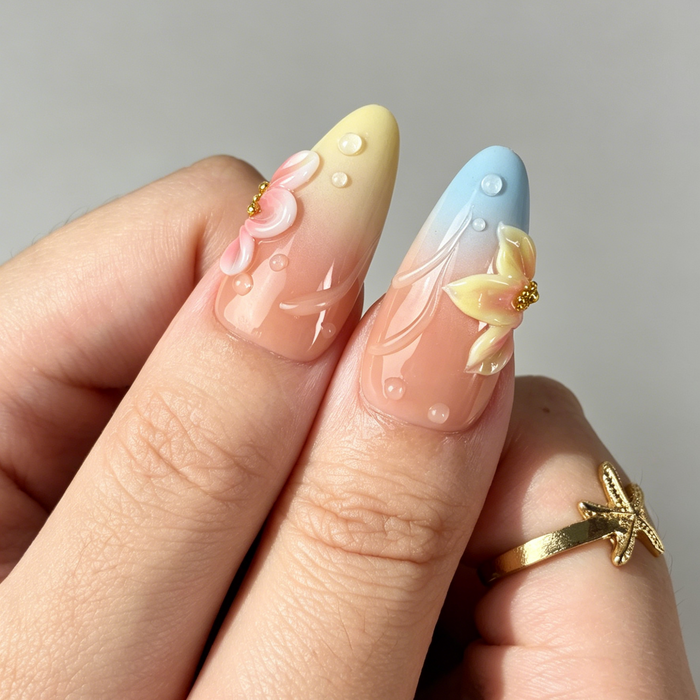Vibrant Rainbow Floral Press On Nails, Long Almond Nude Fake Nails