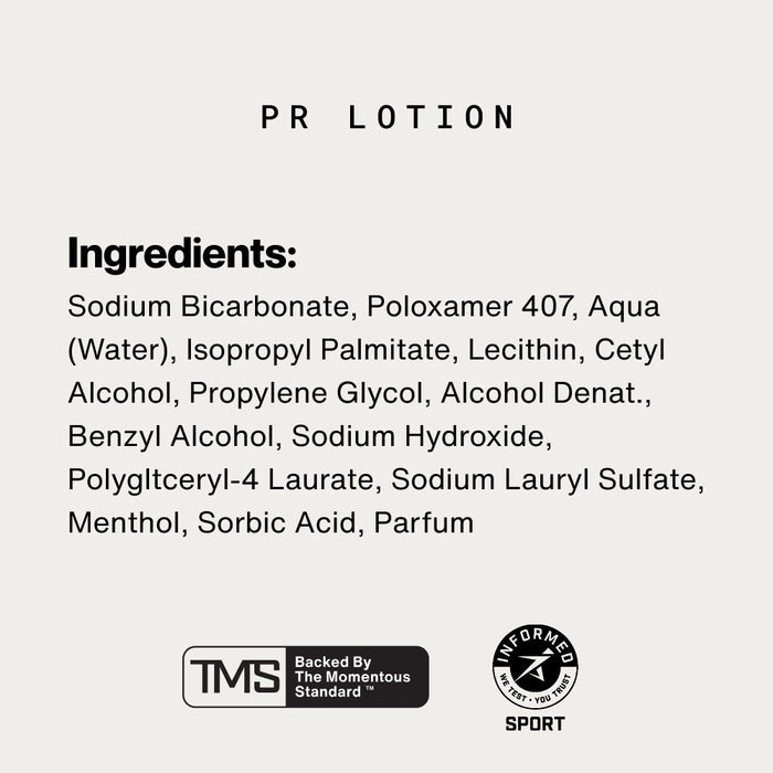 PR Lotion ingredients panel. Text reads: “PR LOTION,” “Ingredients:” “Sodium Bicarbonate, Poloxamer 407, Aqua (Water), Isopropyl Palmitate, Lecithin, Cetyl Alcohol, Propylene Glycol, Alcohol Denat., Benzyl Alcohol, Sodium Hydroxide, Polyglyceryl-4 Laurate, Sodium Lauryl Sulfate, Menthol, Sorbic Acid, Parfum.” Logos include: “TMS Backed By The Momentous Standard™” and “Informed Sport.”