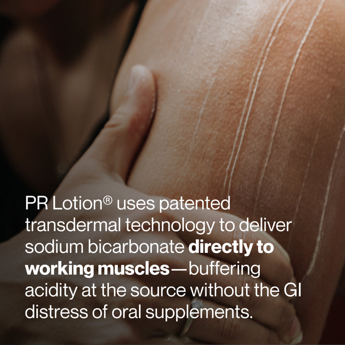 Close-up of a person applying lotion to their leg. Text reads: “PR Lotion® uses patented transdermal technology to deliver sodium bicarbonate directly to working muscles—buffering acidity at the source without the GI distress of oral supplements.”