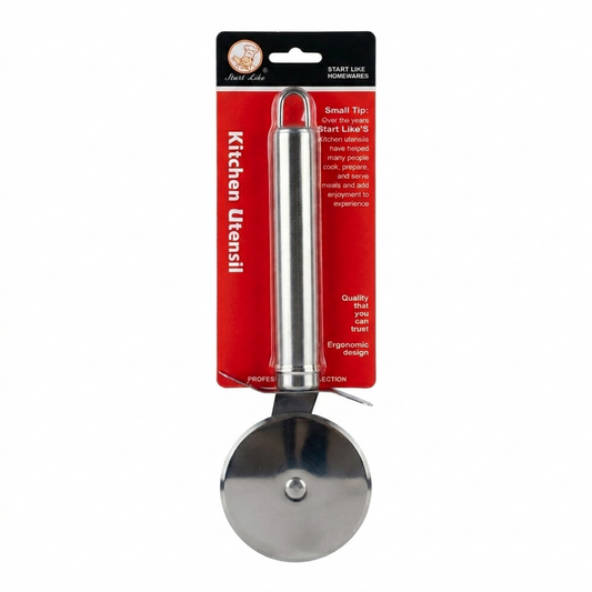 Stainless steel pizza cutter with red packaging on a white background